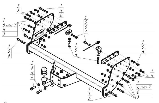 Фаркоп "Motodor" с оцинкованным шаром Mitsubishi L200 2007-2015 (кроме Long), L200 2015-, Fiat Fullback 2016- фланцевое крепление шара