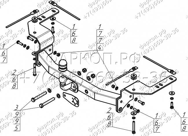 Фаркоп "Motodor" с оцинкованным шаром Toyota Land Cruiser 200 2007- без выреза в бампере. Тип шара: F. Нагрузки: 2000/120 кг