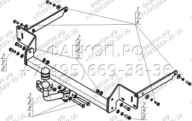 Фаркоп "Motodor" с оцинкованным шаром Ford Focus III хетчбек 2011-2018, Focus II хетчбек 2004-2010 без выреза в бампере. Тип шара: A. Нагрузки: 1200/75 кг