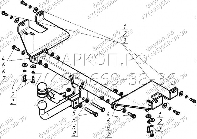 Фаркоп "Motodor" с оцинкованным шаром Hyundai Tucson 2004-2010, Kia Sportage 2004-2010 крепление шара на двух болтах