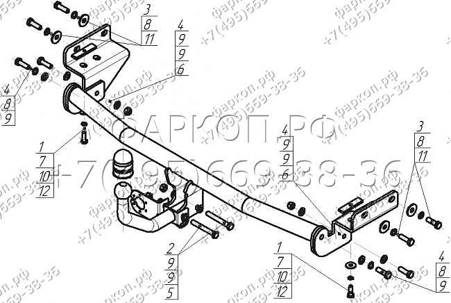 Фаркоп "Motodor" с оцинкованным шаром Hyundai Solaris седан 2010-2017, Kia Rio III седан 2011-2017, Kia Rio III хетчбек 2011-2017, Hyundai Solaris хетчбек 2010-2017 Нагрузки 1200/75 кг