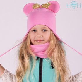 HOH ШВ20-27310401 Шапка "Мышка" с бантиком из золотых пайеток и завязками, розовый