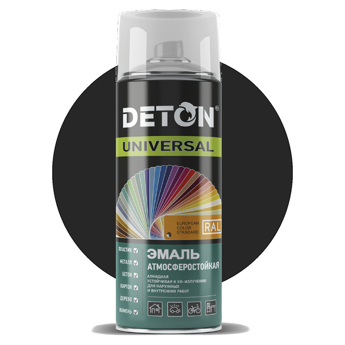 Deton UNIVERSAL Аэрозольная эмаль, название цвета "9005 черная", матовая, объем 520мл.
