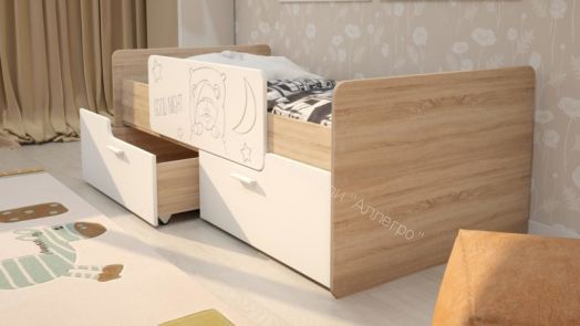 Кровать "Умка" К-001 с 2-мя ящиками Белый глянец/Дуб сонома