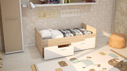 Кровать "Умка" К-001 с 2-мя ящиками Белый глянец/Дуб сонома