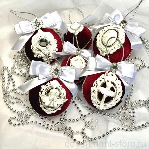 Ёлочные шары ручной работы (Бордовый бархат), набор 6 шт.