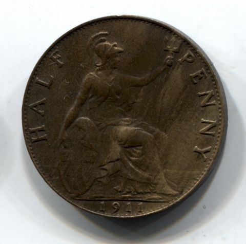 1/2 пенни 1911 Великобритания XF
