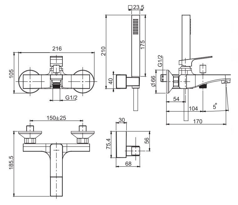 Смеситель строгой формы для ванны с ручной лейкой Fima carlo frattini Fit F3384 схема 1