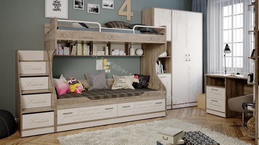 Кровать 2х ярусная с приставной лестницей «Брауни» (Фон бежевый с рисунком/Дуб Сонома трюфель)