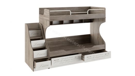 Кровать 2х ярусная с приставной лестницей «Брауни» (Фон бежевый с рисунком/Дуб Сонома трюфель)