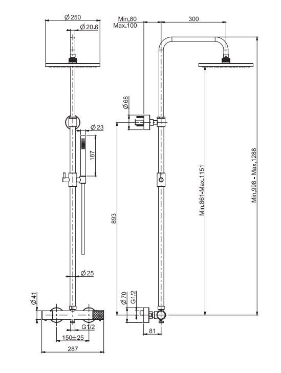 Душевая стойка Fima - carlo frattini Spillo Tech F4285/R256 с тропическим душем и смесителем схема 1