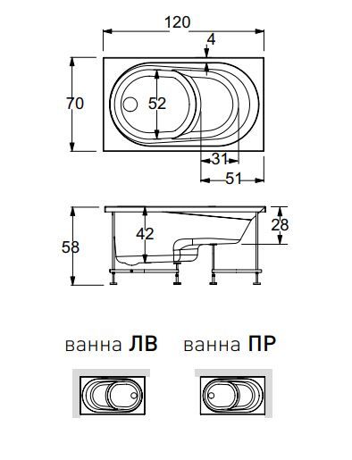 Маленькая ванна с каркасом Hafro Nova 2NVA2N 120х70 ФОТО