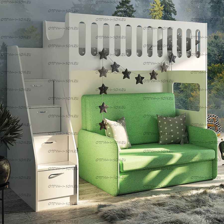 Кровать двухъярусная Сказка с диваном и лестницей ДС-27/3