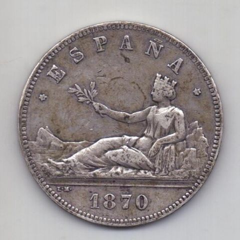 5 песет 1870 Испания Революция XF