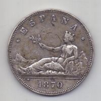 5 песет 1870 Испания Революция XF