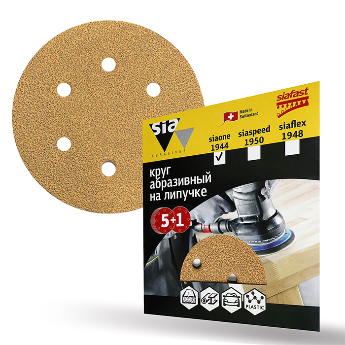 Sia Abrasives siaone 1944 Шлифовальный круг на липучке 150мм., 6 отверстий, P40, в упаковке 6шт.