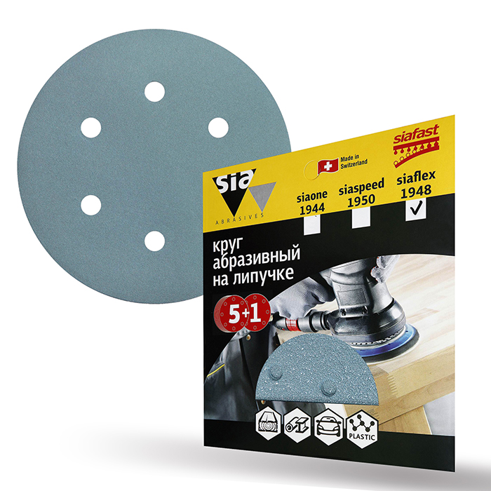 Sia Abrasives siaflex 1948 Шлифовальный круг на липучке 150мм., 6 отверстий, P180, в упаковке 6шт.