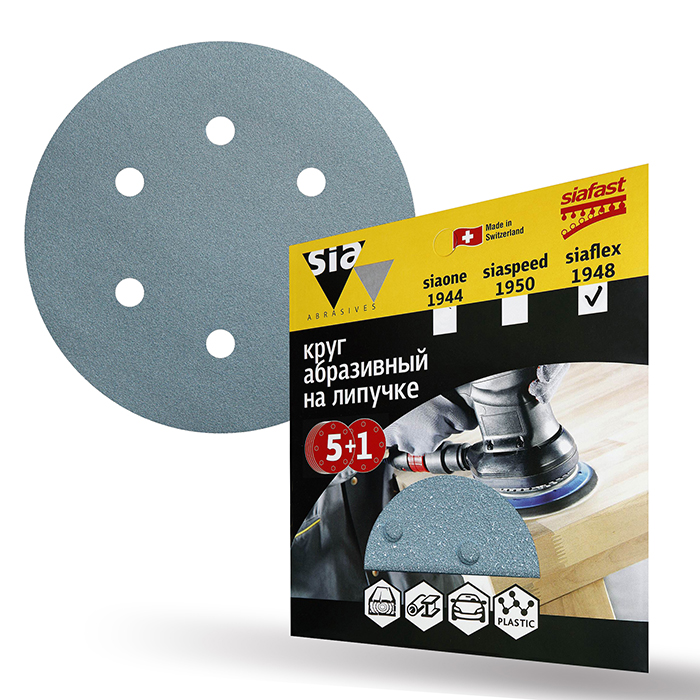 Sia Abrasives siaflex 1948 Шлифовальный круг на липучке 150мм., 6 отверстий, P150, в упаковке 6шт.