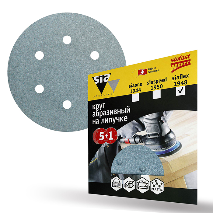 Sia Abrasives siaflex 1948 Шлифовальный круг на липучке 150мм., 6 отверстий, P120, в упаковке 6шт.