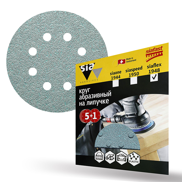 Sia Abrasives siaflex 1948 Шлифовальный круг на липучке 125мм., 8 отверстий, P40, в упаковке 6шт.