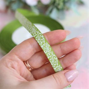 Репсовая лента декоративная - Узор на салатовом 10 мм - 1м