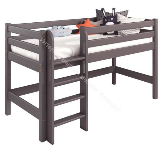 Вариант 11 Низкая кровать "Соня" Белая Массив сосны с прямой лестницей