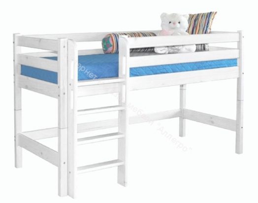 Вариант 11 Низкая кровать "Соня" Белая Массив сосны с прямой лестницей