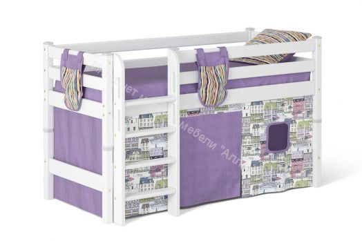 Вариант 11 Низкая кровать "Соня" Белая Массив сосны с прямой лестницей