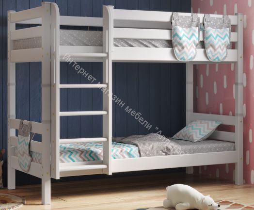 Вариант 9 Двухъярусная кровать "Соня" Белая Массив сосны с прямой лестницей