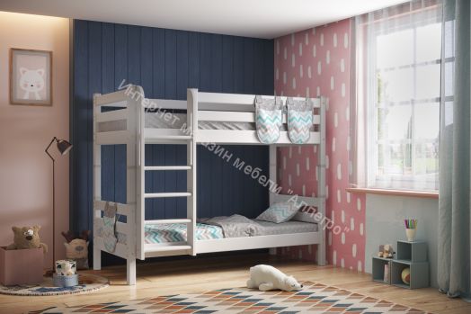 Вариант 9 Двухъярусная кровать "Соня" Белая Массив сосны с прямой лестницей