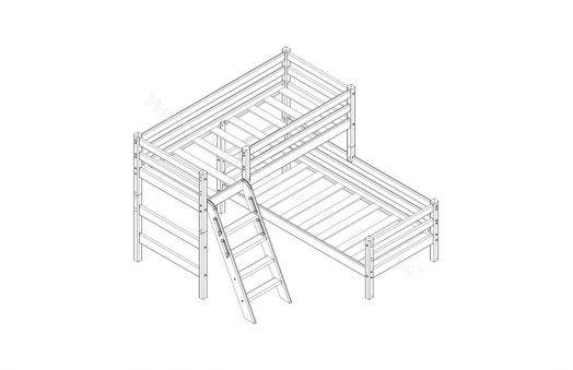 Вариант 8 Угловая кровать "Соня" Белая Массив сосны  с наклонной лестницей