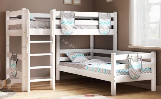 Вариант 7 Угловая кровать "Соня" Белая Массив сосны  с прямой лестницей