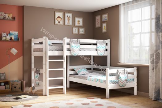 Вариант 7 Угловая кровать "Соня" Белая Массив сосны  с прямой лестницей