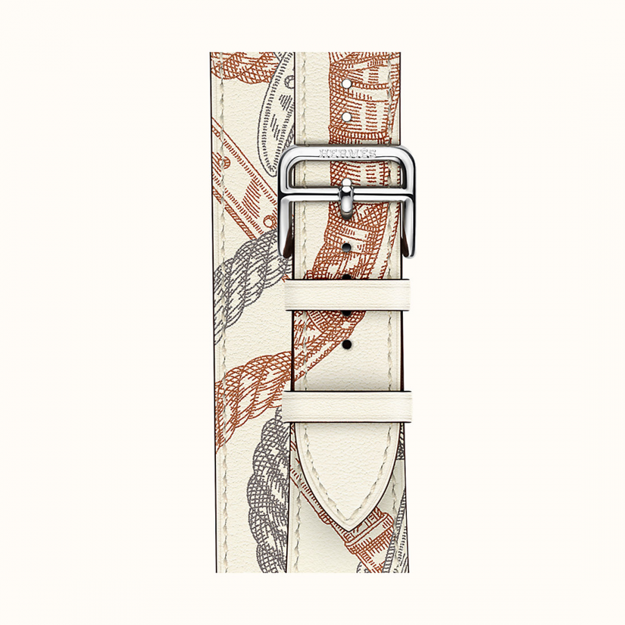 Ремешок Apple Watch Hermès Double Tour Band in White Swift Calfskin and All-over Della Cavalleria Print из кожи (для корпуса 40/41 мм)