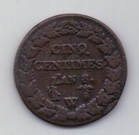 5 сантимов 1799 Франция L'AN 8 Революция XF