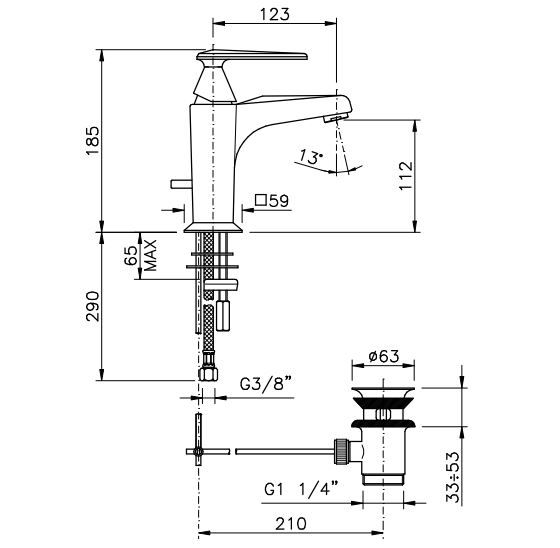 Смеситель для раковины Nicolazzi Monocomando Vincent 3002 с донным клапаном схема 1