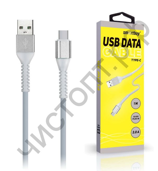 Кабель USB 2.0 Aм вилка(папа) - USB TYPE C, Smartbuy TPE оплет.Flow 3D, 1м. мет.нак.<2А,белый(iK-3112FLbox white)
