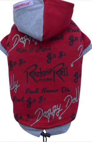 Толстовка с капюшоном "Rock&Roll" красная для мопсов и французских бульдогов(SM ,LM)
