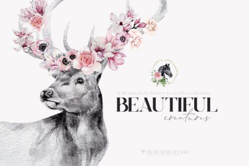 Watercolor Animal Portraits Flowers Wall Posters PNG JPEG [Busy May Studio]