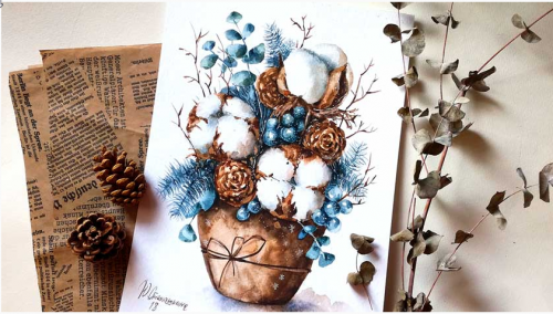 Мастер-класс рисования акварелью 'Зимний букет. Хлопок, шишки, ягоды' (Юлия Степашкина)