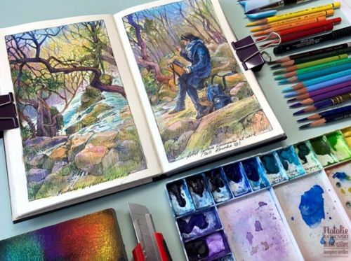 Смешанная техника для пленэра. линер, акварель и карандаши. Онлайн практика (Натали Ратковски)