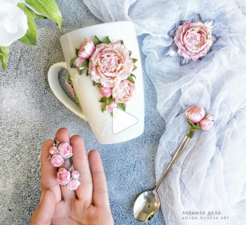 Новый курс по пионам из полимерной глины - декор кружки, ложки+брошь (Ольга Гусева)
