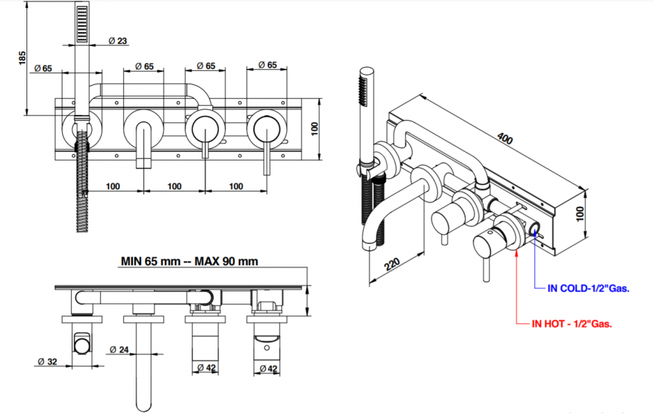 Встаиваемый смеситель для ванны Bongio T MIX / T LEVA LATERALE 32550/AD ФОТО