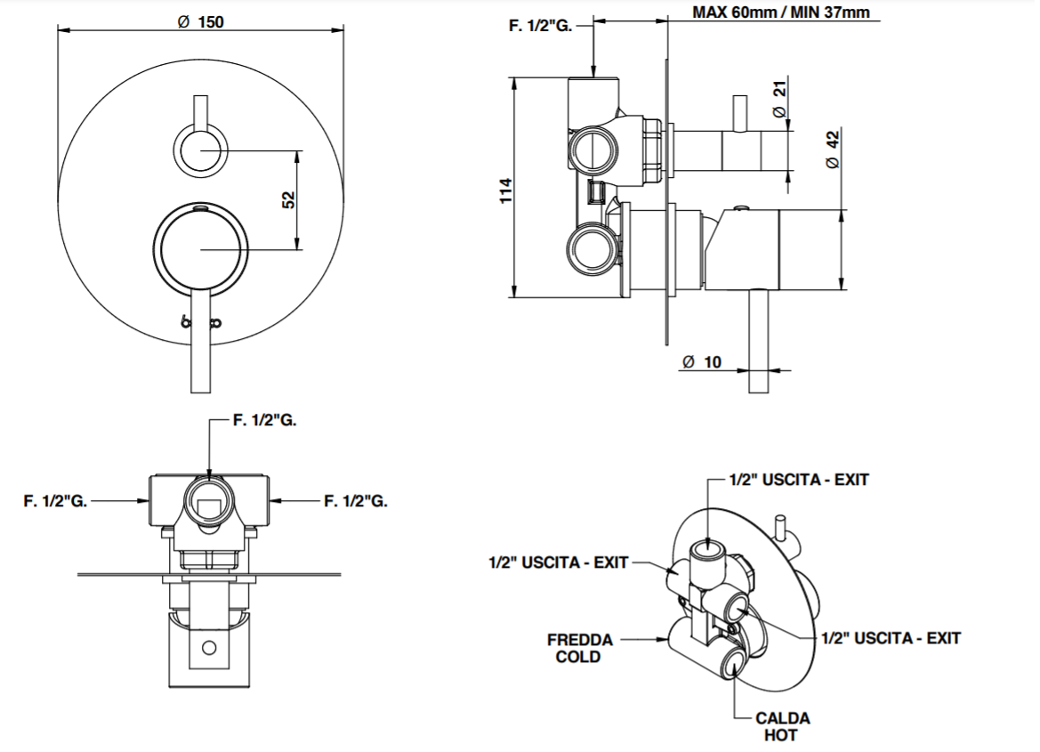 Смеситель для душа Bongio T MIX / T LEVA LATERALE 32519/3PR схема 2