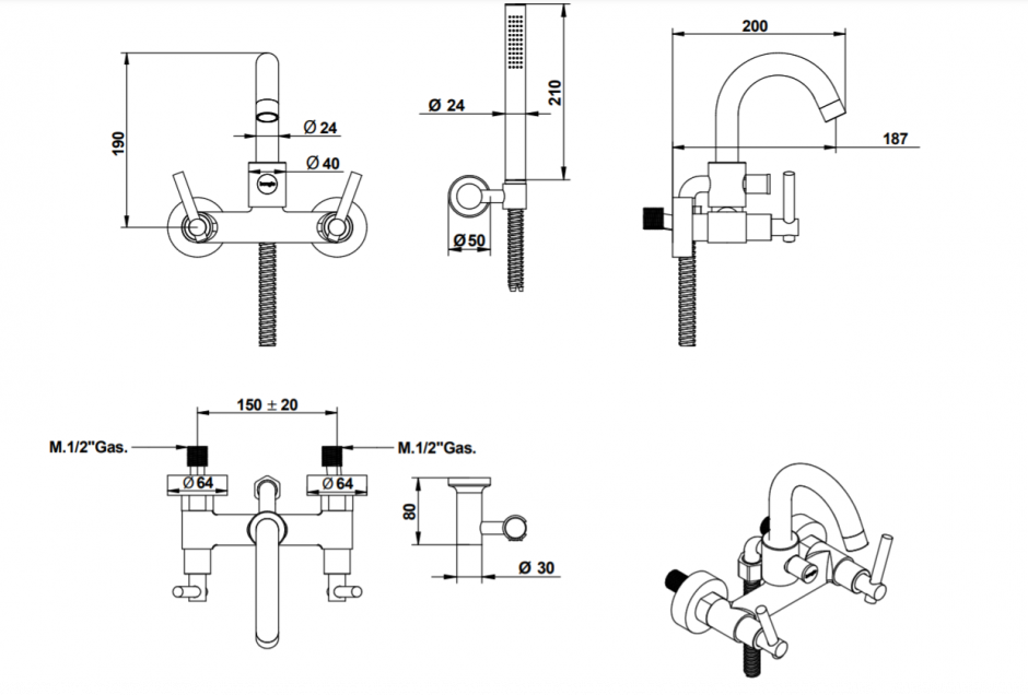 Смеситель для ванны c душем Bongio T CROSS/T LEVER 31536/D ФОТО