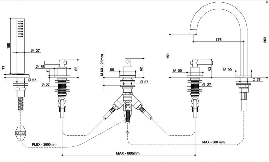 Смеситель для ванны Bongio T CROSS/T LEVER 31431/D ФОТО