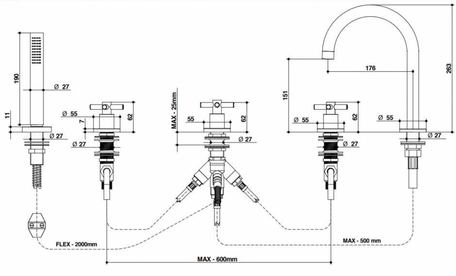 Смеситель на пять отверстий для ванны Bongio T CROSS/T LEVER 30431/D ФОТО