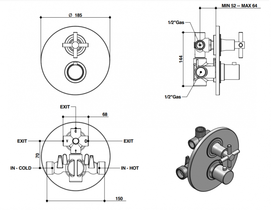 Смеситель термостатический для душа Bongio T CROSS/T LEVER 30549/3 ФОТО