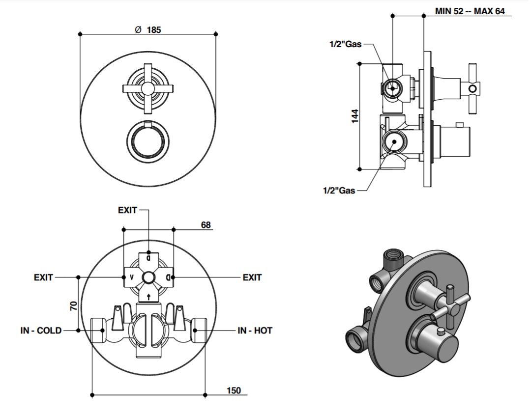 Смеситель термостатический для душа Bongio T CROSS/T LEVER 30549/3 схема 2