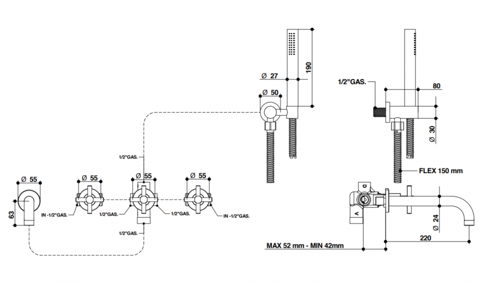 Смеситель для ванны Bongio T CROSS/T LEVER 30430/D ФОТО